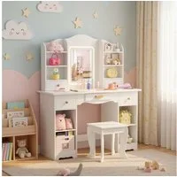 TLGREEN Schminktisch LED-beleuchteter Schminktisch für Mädchen mit Spiegel (Kinderschminktisch, 95cm großer Stauraum Schreibtisch Kinder, 5 Schubladen Spieltisch mit Beleuchtung und Sicherheitsacrylspiegel), Geschenk für Mädchen Geburtstag Weihnachte