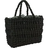 FURNARO Korbtasche, Einkaufstasche schwarz aus Baumwolle mit Zugband 36x16x30cm