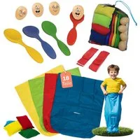 alldoro Spielesammlung Partyspiele Set für Kinder, Spielesammlung für Kindergeburtstag, 18-teilig mit Sackhüpfen, Eierlauf, Säckchen werfen und Dreibeinlauf