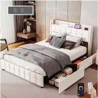 oyajia Polsterbett LED Doppelbett 140x200cm mit Ladefunktion und 2 Schubladen Polsterbett, Einzelbett Bettgestell mit Kopfteil und Lattenrost, Leinen Polsterbett