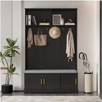 Flieks Garderoben-Set mit Schuhschrank, Sitzbank, Haken, Türen, (1-St., 120×191×40 cm (B×H×T), Garderobenständer mit Schuhregal, Sitzfläche und Kleiderstange Schwarz