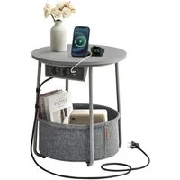 VASAGLE Beistelltisch, rund, mit Steckdose, USB-Anschlüsse, mit Korb aus Stoff, Ø45 cm