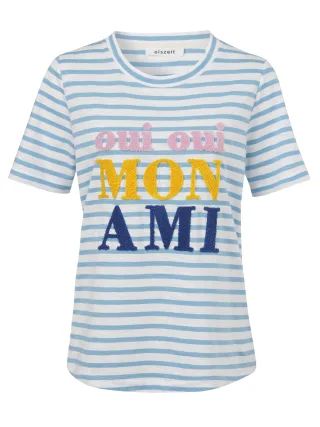 eiszeit - T-Shirt Rundhals 1/2 Arm Ringel Applikation smoke blue multicol - Gr. - 46