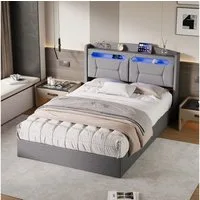 Gdood Polsterbett Doppelbett mit LED Licht 140x200cm,Hydraulisch anhebbarer Stauraumbett (1-tlg., Mit Lattenrost und Ladefunktion, Leinenmaterial Polsterbett), Modernes Jugendbett, Leises Design Bett, Max. Belastbarkeit 350 kg
