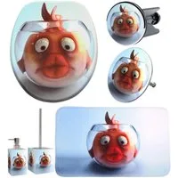 Sanilo Badaccessoire-Set 6-teilig Goldfisch, WC-Sitz mit Absenkautomatik, Badteppich 70 x 110 cm, Waschbeckenstöpsel, Badewannenstöpsel, Seifenspender, WC-Bürste, 6 tlg., hochwertig & modern, universell, leichte Montage