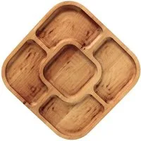 BRIZOLL Kochbesteck-Set 28x28cm Servierplatte aus natürlichem Holz (mit 5 geteilten Fächern), Board
