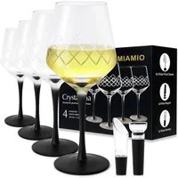 MiaMio Weißweinglas Crystaluna mit schwarzem Stiel, 380 ml, 4-tlg., Glas, mit schwarzem Stiel, Weinstopper und Weinbelüfter