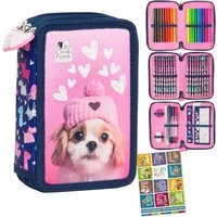 GOLDKIDS Federmäppchen 3 Fächer - Mäppchen für Mädchen und Jungen -, (Federmappe 3-Fach Federtasche, 1-tlg., Gefüllte Schüleretui 44-teilig), Schulmäppchen und Hausaufgabenheft - Hund Motiv