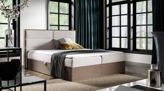 Boxspringbett Bett LAMBROS 120x200 Dunkel Eiche Stoff Hellbeige inkl. Bettkasten