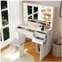 oyajia Schminktisch mit LED Beleuchtung, Gehärtete Glasplatte,mit Stuhl /Ladefunktion (Schlafzimmermöbel Vanity Set, verstellbare dreifarbige Kosmetikspiegel mit 12 LEDs, Touch-Dimmen), Make-up Tisch mit 5 Schubladen und 2 Europäische Stecker +2 USB