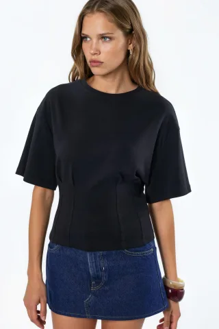 Damen Baumwoll-Rippstrick-Bluse mit Rundhalsausschnitt