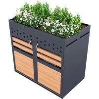 Merax Mülltonnenbox Abschließbar Müllcontainer mit Pflanzdach & Belüftungslöchern (1 St), Müllbox aus Edelstahl,Mülltonnenverkleidung für 2 Tonnen,120-240Leiter