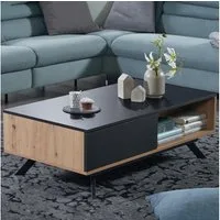FINEBUY Couchtisch FB86955 Sofatisch 110x60x38 cm MDF Eiche Wohnzimmertisch Schublade (110x60x38 cm MDF Eiche-Dekor / Schwarz, Sofatisch), Wohnzimmertisch mit Schubladen, Tisch Rechteckig