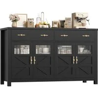 Homfa Sideboard Küchenschrank Buffetschrank Küchenbuffet, mit 2 Schubladen 4 Glastüren für Wohnzimmer Küche 140x40x90 cm schwarz