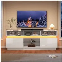 Merax Lowboard hochglanz TV-Schrank mit LED Beleuchtung (1 St), Wohnzimmerschrank mit Glasablage, 10 Fächern & 2 Türen, 160x35x60cm