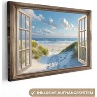 OneMillionCanvasses® Leinwandbild Aussicht - Strand - Fenster - Dünen - Meer, Fotodruck (1 St), Leinwand Bilder Klein, Wand Dekoration Aesthetic 30x20 cm