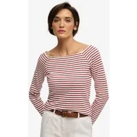 Superdry Langarmshirt BARDOT OFF SHOULDER TOP mit U-Boot Ausschnitt und Wellenkante am Bund, gesticktes Logo am Saum