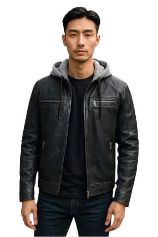 Blaue Bikerjacke aus Lammleder mit Kapuze für Herren – Ingham