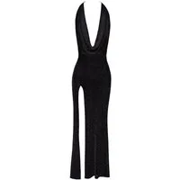 Noir Handmade Neckholderkleid langes Kleid Onyx Liquid F373 schwarz hoher Beinschlitz