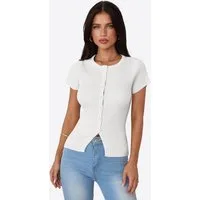 Imily Bela Kurzarmshirt Damen geripptes Strickoberteil Rundhals Knopfleiste Basic Top (Packung, 1-tlg., 1per-Pack) mit geschlitzter Saum in Unifarbe