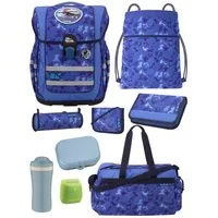 McNeill Schulranzen Ergo Complete "Puzzle" Ninja Schultasche Blau ab der 1. Klasse (Set, 9-tlg., inkl. Federmappe und Sporttasche), ergonomisch, mit Brustgurt, höhenverstellbar - wächst mit dem Kind mit
