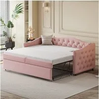 BlingBin Schlafsofa Polsterbett, Ausziehbares Schlafsofa, Einzelbett, Jugendbett, 90x200cm, 1er Set 1 Teile, Multifunktionsbett - Gästebett, Leinenstoff, Rosa