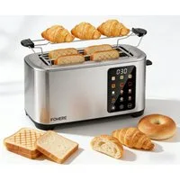 FOHERE Toaster Langschlitz 4 Scheiben, Brötchenaufsatz, 1400 W, LED-Display, 4 langer Schlitz, für 4 Scheiben, 1400 W, Touchscreen, 6 Stufen, Auftauen & Aufwärmen, Edelstahl