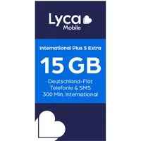 Lyca Mobile International Plus S Extra 4G/5G Prepaid Simkarte EU Roaming Prepaidkarte, (15 GB EU-Roaming, 300 Min. in 100 Länder, Allnet-Flat für Deutschland)