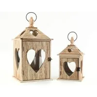 Levandeo® Kerzenlaterne, 2tlg. Laternen Set Holz Herzen braun Glas Shabby Chic 24cm & 40cm