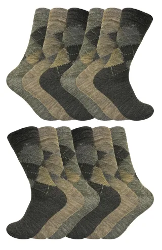 12 Paar Multipack Herren Lambswool Socken | Sock Snob | Dünne und weiche Honeycomb Top Argyle gemusterte Socken - Braun