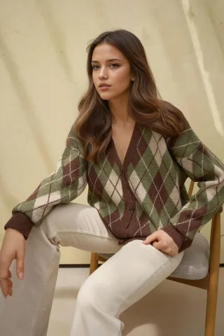 Langer V-Ausschnitt Geometrischer Strick-Cardigan mit Knöpfen