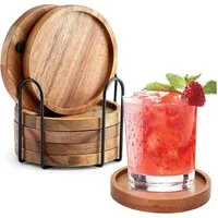 AFKSMILE Getränkeuntersetzer 6 Stück Akazienholz Untersetzer, Untersetzer Holz Rund für Gläser, 6-tlg., Getränke Tassenuntersetzer mit Halter Holzuntersetzer Glas Untersetzer