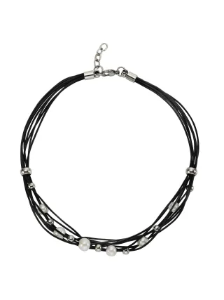 Zeeme Stainless Steel Halskette Leder schwarz mit Stahlkugeln und weißen Perlen