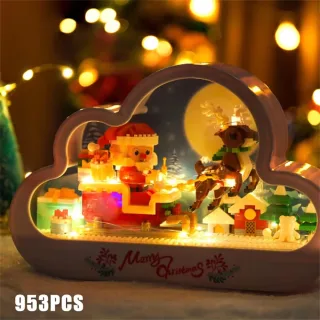 3009 Santa Sleigh DIY Cloud Frame Mini MOC Building Blocks Kit Christmas Decoration LED Night Light Creative Merry Chris