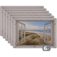 MuchoWow Platzset Durchblick - Strand - Meer - Dünen - Strandgras - Sand - Blau, (6-St), Platzsets, Tischset, Abwaschbar, Tischsets, Platzdeckchen