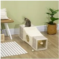 PawHut Tiertunnel mit Spielball, Faltbarer Spieltunnel aus Sisal, Kombiniertes Design, Spanplatte, Flusen, Sisal, Braun+Beige, 98 x 30 x 30 cm