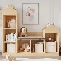 GarveeMore Kinderregal mit 6 Fächern und Sitzkissen,Burgdesign Spielzeugtruhe,121x30x107cm, Bücherregal Kinder,Standregal Spielzeug für Kinderzimmer,Schlafzimmer
