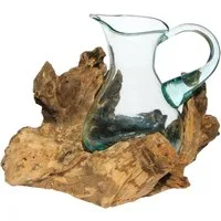 Wogeka Wasserkrug Glas-Krug auf Wurzelholz Kanne Teakholz Gamal Bali Vase