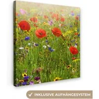 OneMillionCanvasses® Leinwandbild Frühling - Blumen - Rot - Mohn - Gras - Grün, Fotodruck (1 St), Wandbild, Deko Schlafzimmer Wohnzimmer Flur 20x20 cm