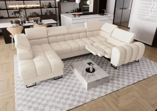 Wohnlandschaft Schlafsofa BASTIEN RELAX in Stoff Aragon Creme Ottomane Links
