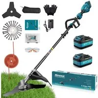 Rinoxar Akku-Rasentrimmer 12000RPM Akku Rasentrimmer, Akku Freischneider Mit 2x5200mAh Batterien, 26cm cm Arbeitsbreite Messer, 22cm cm Arbeitsbreite Faden, Sicherheitsschutz, 3 Arten Klingen für Garten, Hof