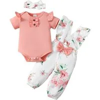 Gluckids Strampler Baby Mädchen Blumen Kleidungsset Strampler +Latzhose +Stirnband Outfit (3-tlg) Neugeborene Baby Kurzarm Overalls Sets Sommer Täglich Freizeitanzug