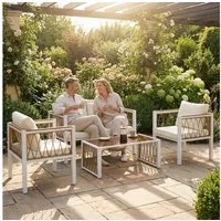 Outsunny Sitzgruppe mit Zweisitzer, 2 Sessel, Glastisch, Kissen, rutschfesten Matte, (Lounge-Set, 4-tlg., Gartenmöbel Set), für Garten Balkon Cremeweiß