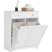 SoBuy Wäscheschrank BZR33, Badezimmerschrank mit Wäschekorb, Wäschesammler, Wäscheschrank mit 2 Schubladen & 2 Wäschekippern, 90L großer Kapazität, Badezimmer