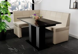 Eckbankgruppe 168x128 cm BLAKE R Stoff Soro Creme / Esstisch DANTE Schwarz