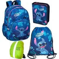 GOLDKIDS Schulrucksack Rucksack für Jungen und Mädchen, (4er-Set - Schul-Rucksack, 1-tlg., für Kinder mit Federmäppchen), Schuhbeutel und Regenschutz - Stitch Motiv