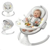 bioby Babyschaukel 2 in 1 elektrisch Babywippe mit abnehmbarem Esstisch, 5 Stufen mit bluetooth Musik, Fernbedienung und Moskitonetz max. 9kg