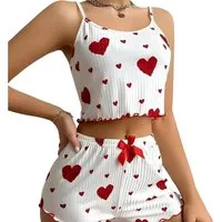 Norvéa Home Pyjama Zweiteiliger Damen Pyjama mit Herzmuster – Soft & figurbetont (2-teilig, Pyjama + Hose) mit Schleife, figurbetonter Schlafanzug