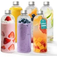 FIVMEN Trinkflasche luftdichte Glaswasserflasche 1000ml mit Edelstahldeckel, 2/4/6 Stück Saftflaschen Set inkl. Reinigungsbürste für Wasser, Saft