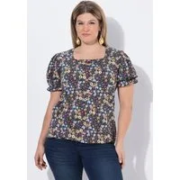 Ulla Popken T-Shirt T-Shirt Blüten Rüschen Carré-Ausschnitt Halbarm